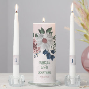 Romantic pink white navy flowers greenery wedding unity candle set