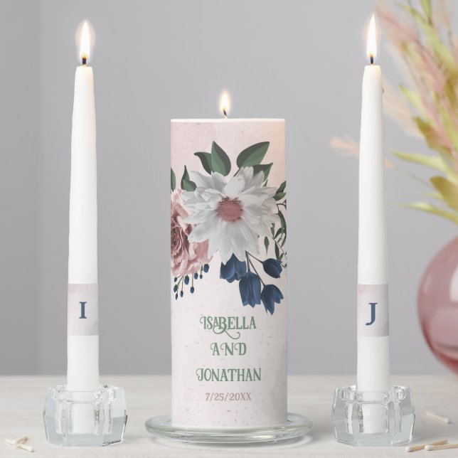 Romantic pink white navy flowers greenery wedding unity candle set (In Situ)