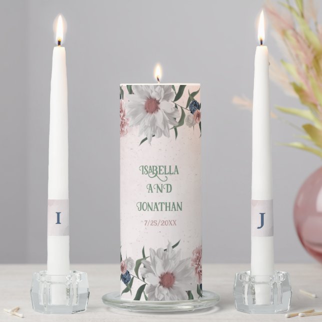 Romantic pink white navy flowers greenery wedding unity candle set (In Situ)