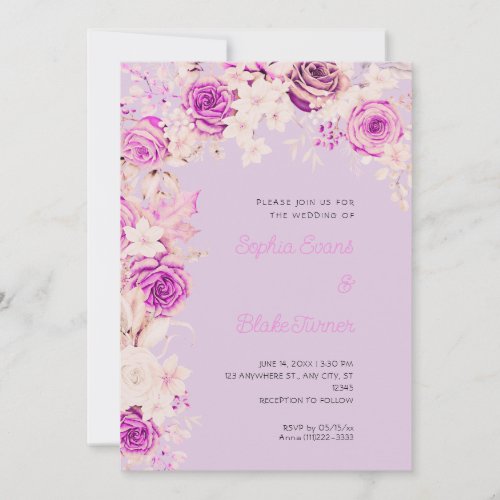 Romantic Pink  White Roses Light Purple Wedding Invitation