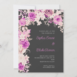 Romantic Pink & White Roses Shadow Gray Wedding Invitation