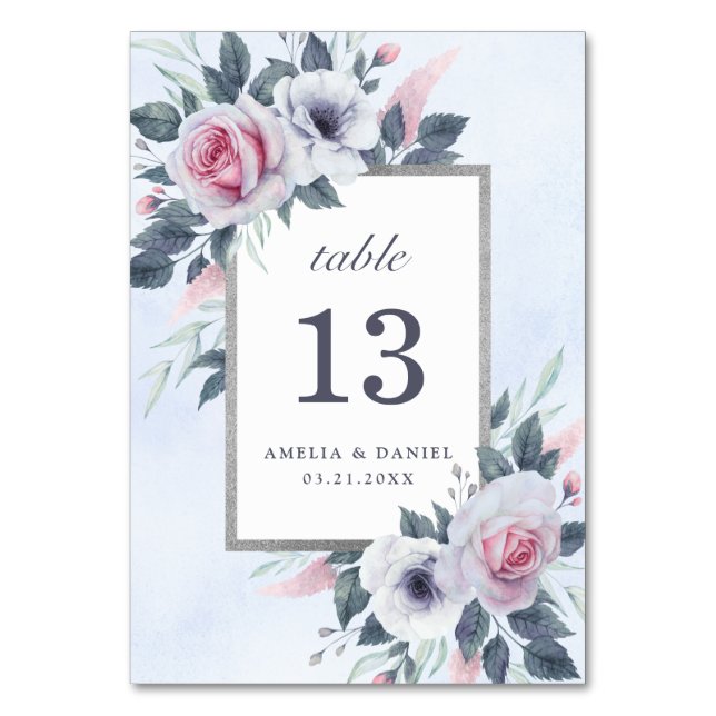 Romantic Pink White Watercolor Roses Wedding Blue Table Number (Front)