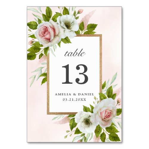 Romantic Pink White Watercolor Roses Wedding  Table Number