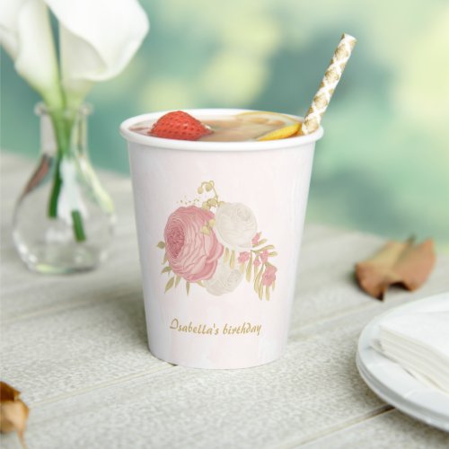 Romantic pink wite flowers gold botanical paper cups