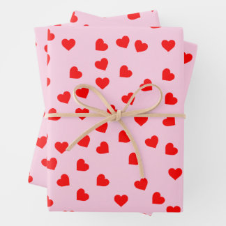 Romantic Playful Red Heart Pattern Pastel Pink Wrapping Paper Sheets