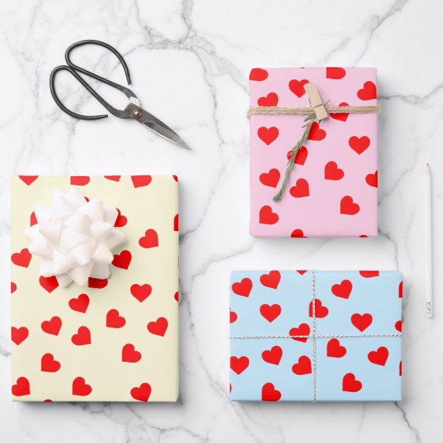 Romantic Playful Red Heart Pattern Pastel  Wrapping Paper Sheets (Front)