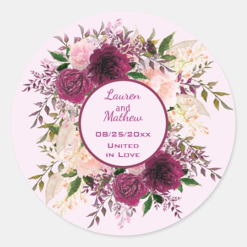 Romantic Plum Burgundy and Blush Pink Floral  Classic Round Sticker