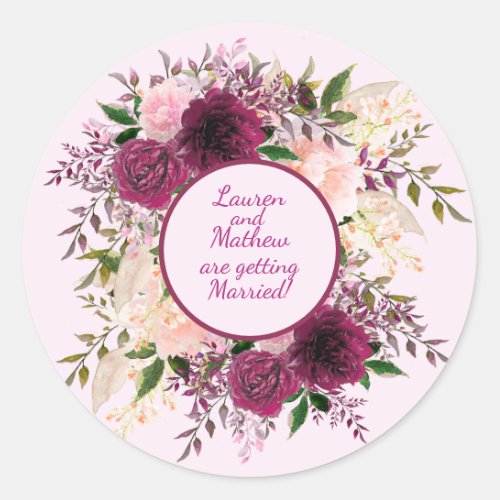 Romantic Plum Burgundy and Blush Pink Floral  Classic Round Sticker