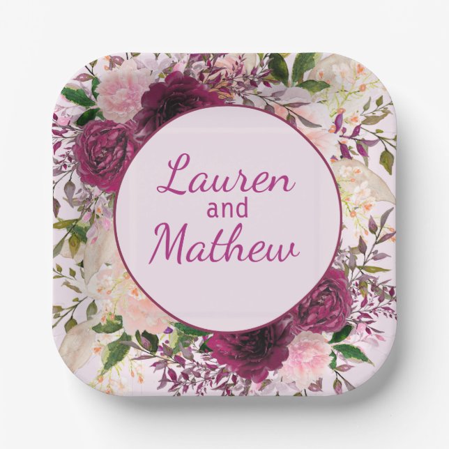 Romantic Plum Burgundy, Blush Pink Personalized Paper Plates (Front)