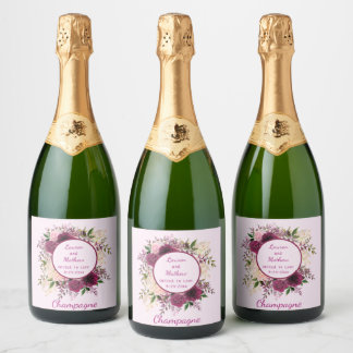 Romantic Plum Burgundy, Blush Pink Personalized Sparkling Wine Label
