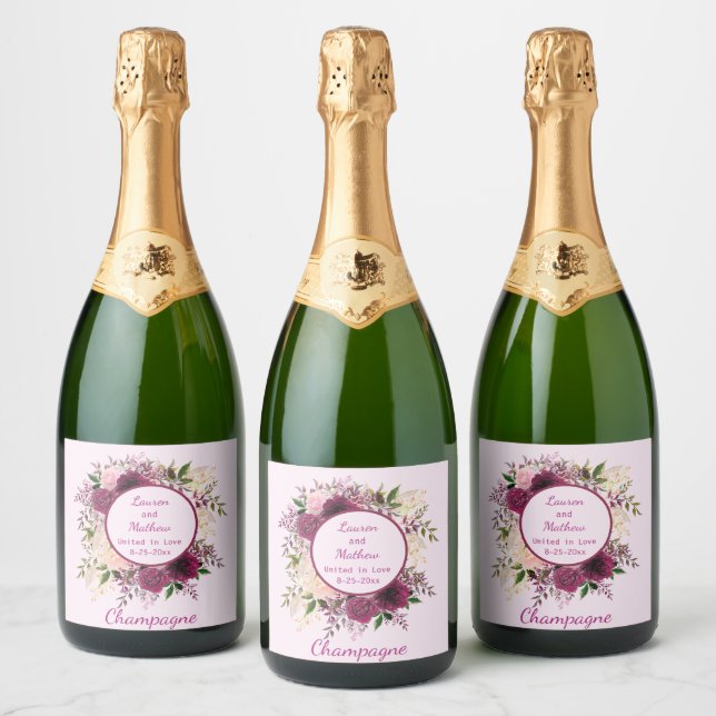 Romantic Plum Burgundy, Blush Pink Personalized Sparkling Wine Label (Bottles)