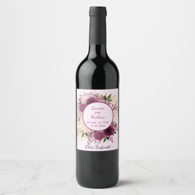 Romantic Plum Burgundy, Blush Pink Personalized Wine Label (Front)