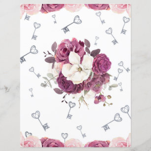 Romantic Plum Floral & Silver Keys Scrapbook Paper