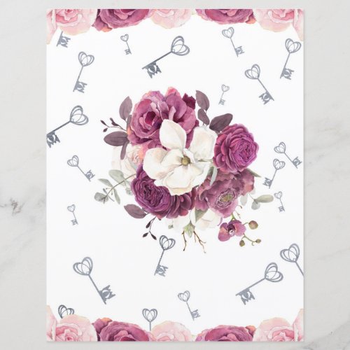 Romantic Plum Floral  Silver Keys Scrapbook Paper