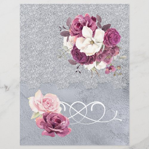 Romantic Plum Floral  Silver Lace Scrapbook Paper