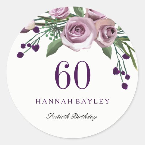 Romantic Plum Purple Rose Floral 60th Birthday Classic Round Sticker