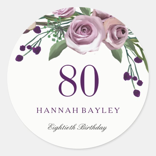 Romantic Plum Purple Rose Floral 80th Birthday Classic Round Sticker (Front)