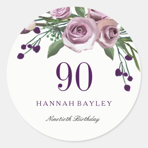 Romantic Plum Purple Rose Floral 90th Birthday Classic Round Sticker