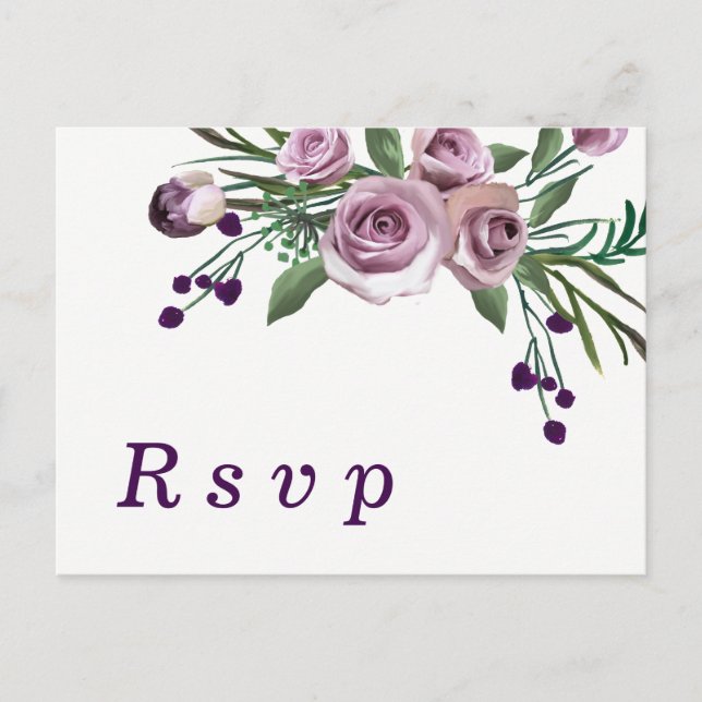 Romantic Plum Purple Rose Floral Wedding RSVP Invitation Postcard (Front)