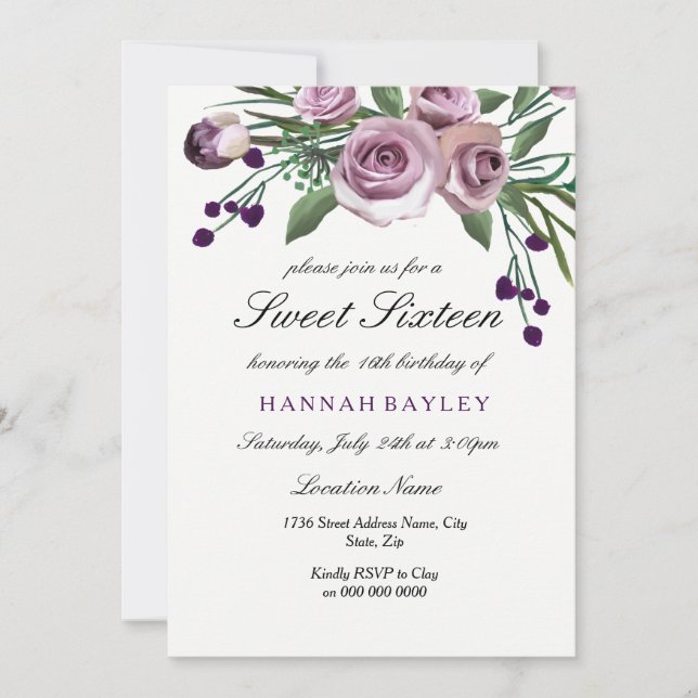 Romantic Plum Purple Rose Sweet 16 Invitation (Front)
