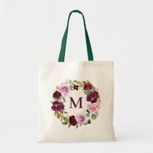 Romantic Plum Watercolor Floral Wreath Monogram Tote Bag
