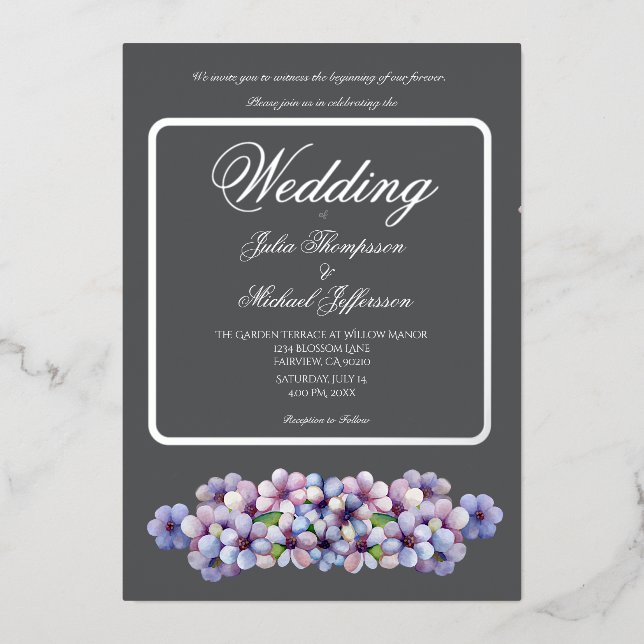 Romantic Poetic Lilac Watercolor Floral Wedding Foil Invitation (Front)