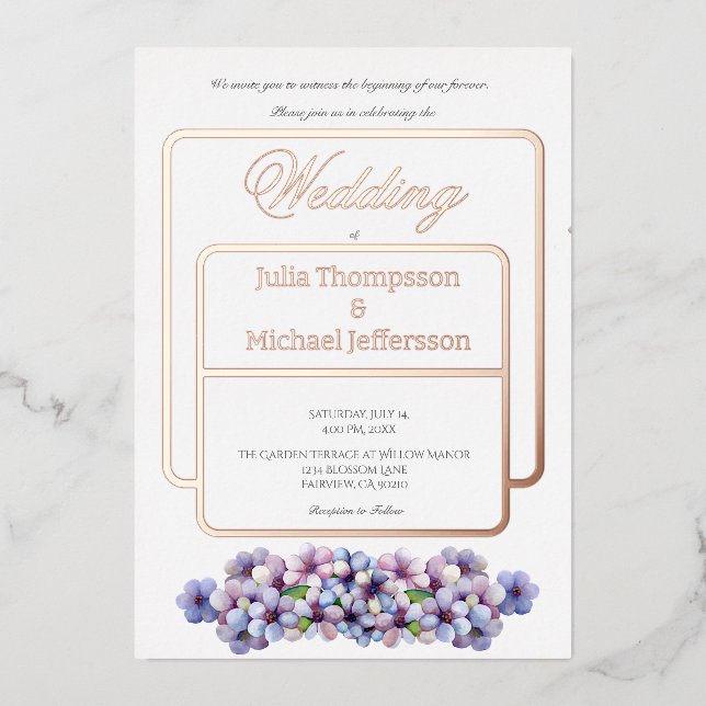 Romantic Poetic Lilac Watercolor Floral Wedding Foil Invitation (Front)