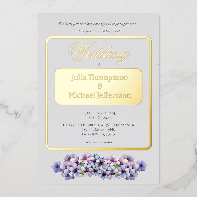 Romantic Poetic Lilac Watercolor Floral Wedding Foil Invitation (Front)