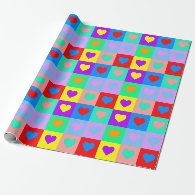 Romantic Pop Art Colorful Heart Pattern Wrapping Paper (Unrolled)
