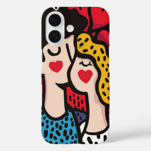Romantic Pop Art Illustration of a Loving Couple iPhone 16 Case