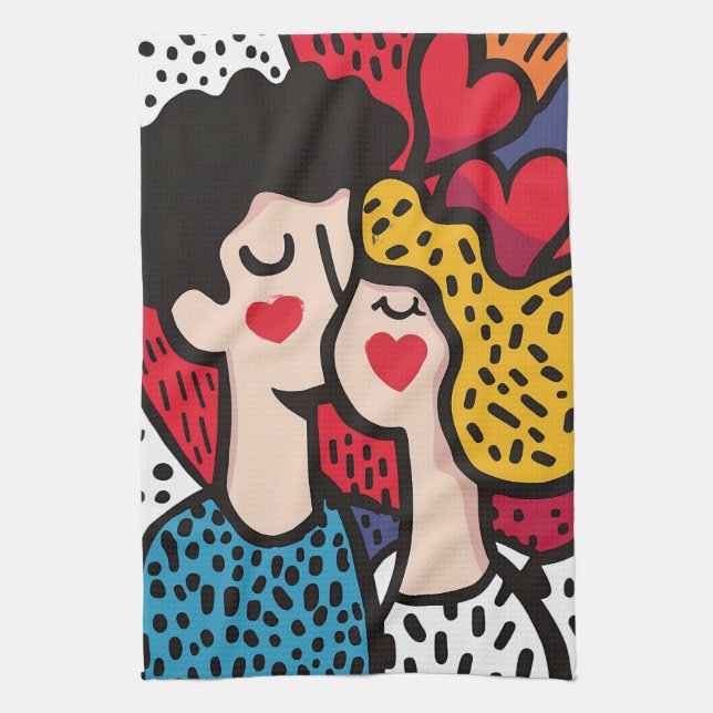 Romantic Pop Art Illustration of a Loving Couple Kitchen Towel (Vertical)
