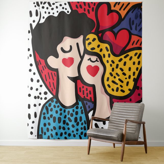 Romantic Pop Art Illustration of a Loving Couple Tapestry (In Situ)