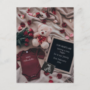 Romantic Pregnancy Announcement with Roses & Teddy Postcard