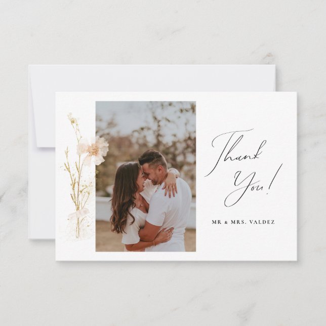 Romantic Pressed Flowers Wedding Photo Thank You Card (Front)