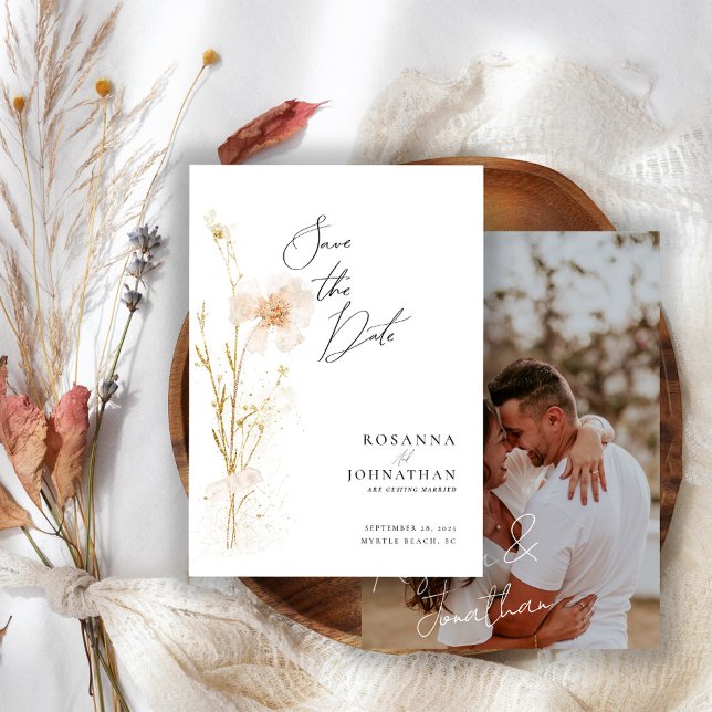 Romantic Pressed Gold and Blush Wildflowers Save The Date (Creator Uploaded)