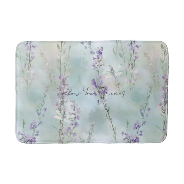 Romantic Pretty Lavender Flowers Dragonflies Bath Mat (Front)