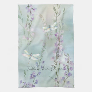 Romantic Pretty Lavender Flowers Dragonflies Kitchen Towel