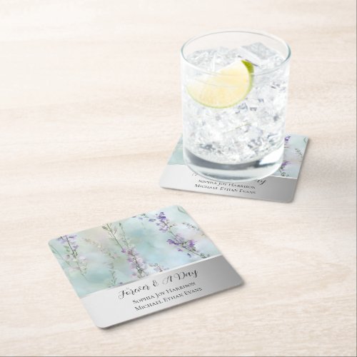 Romantic Pretty Lavender Flowers Silver Wedding  Square Paper Coaster