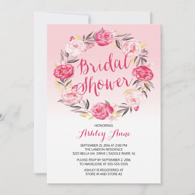 Romantic Pretty Pink Floral Wreath Bridal Shower Invitation (Front)