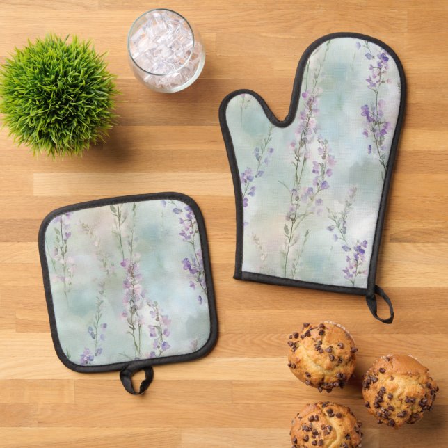 Romantic Pretty Purple Flowers Bridal Shower Oven Mitt & Pot Holder Set (Top Down)