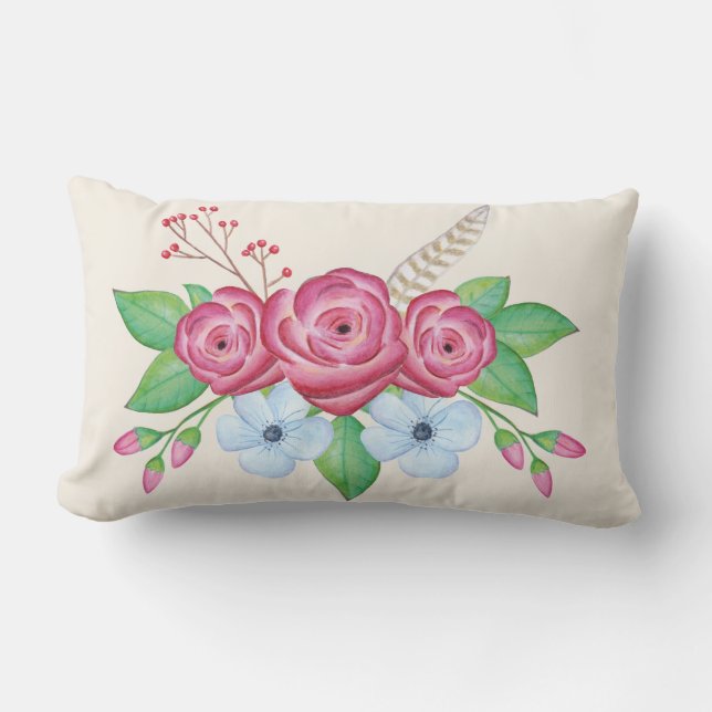 Romantic Pretty Watercolor Flower Bouquet Lumbar Pillow (Front)