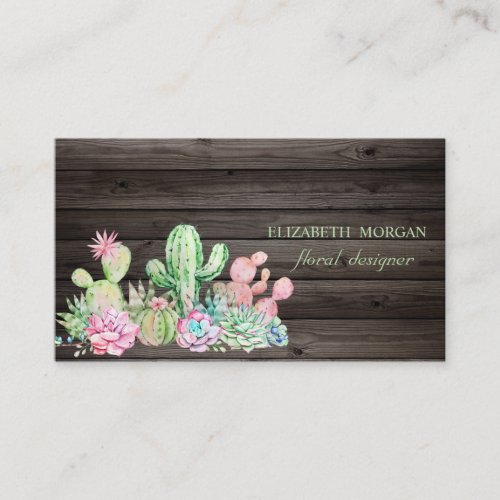 Romantic Professional CactusFlowersDark Wood  Business Card