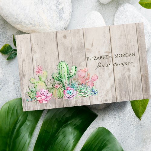 Romantic Professional CactusFlowersWood Texture  Business Card