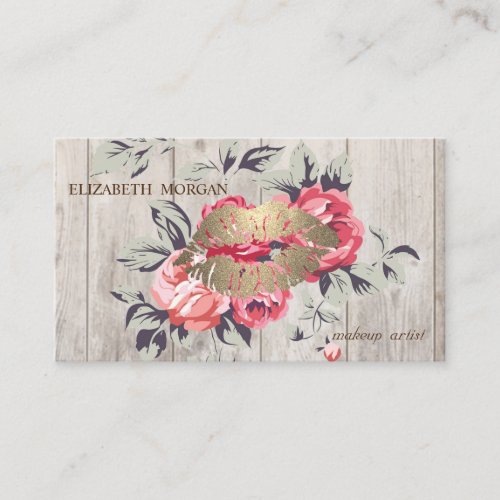 Romantic Professional Floral LipsWood Texture Business Card