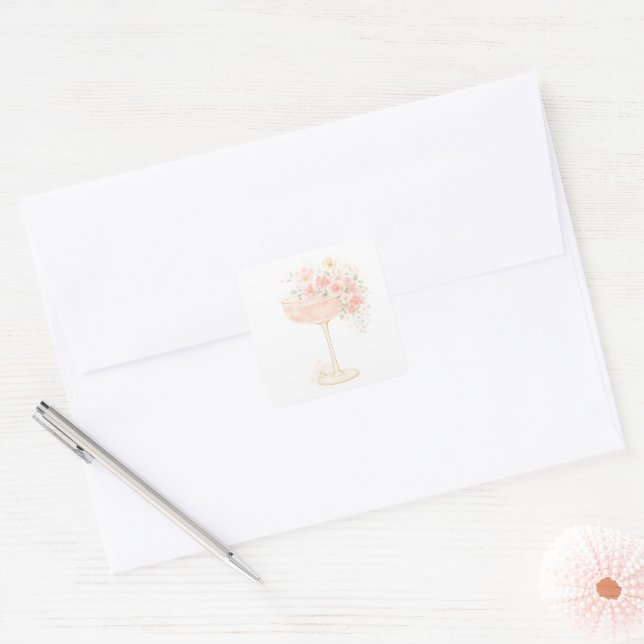 Romantic Prosecco & Petals Bridal Shower Square Sticker (Envelope)