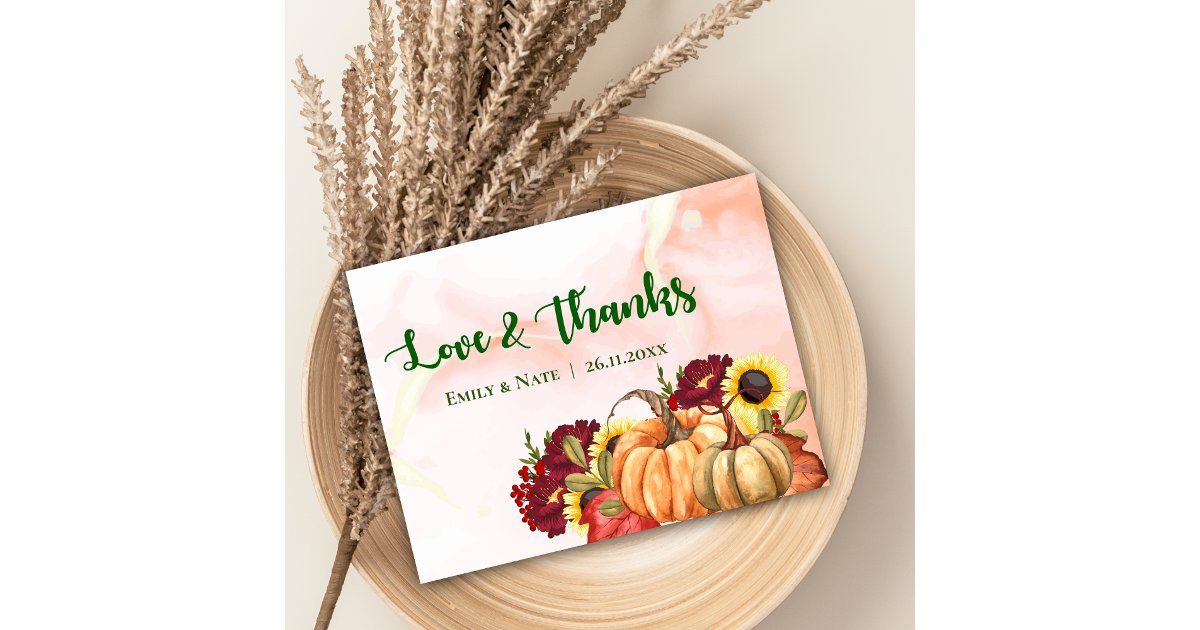 Romantic Pumpkin Autumn Leaves Fall Wedding Thank You Card | Zazzle