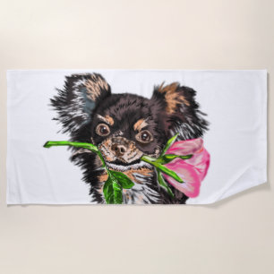 Romantic Puppy with Rose Beach Towel Funny