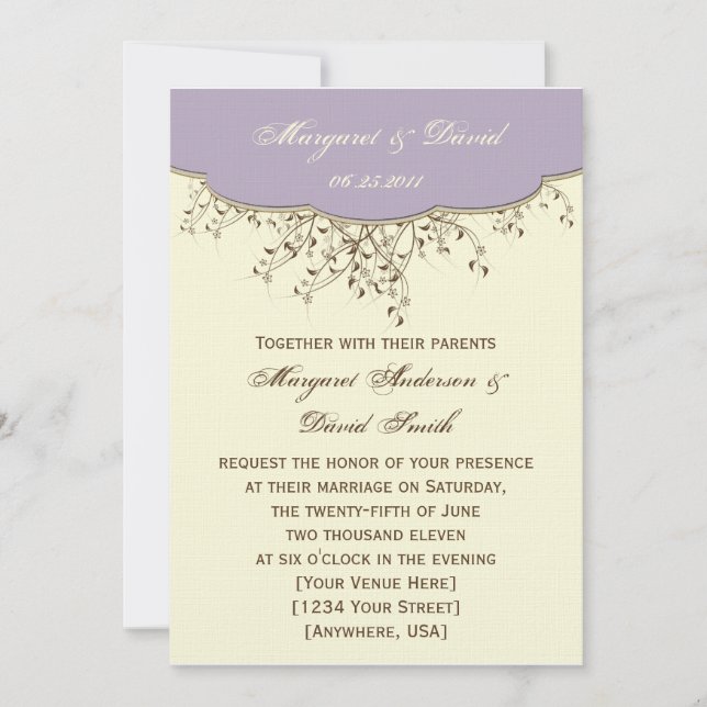 Romantic Purple and Ivory Wedding Invitation (Front)
