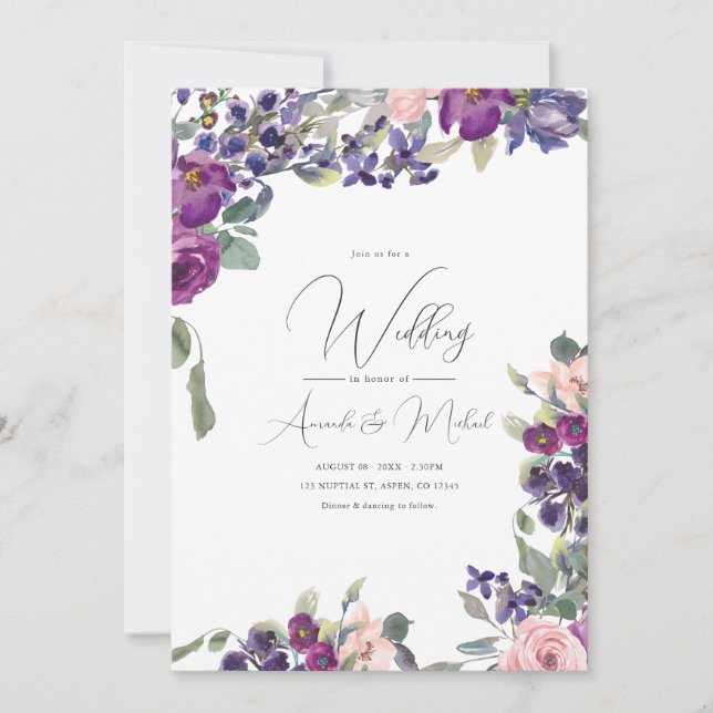 Romantic Purple and Pink Floral Wedding Invitation (Front)