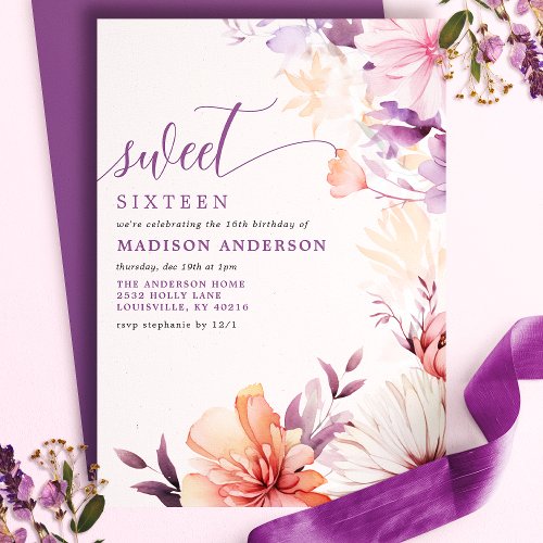 Romantic Purple And Pink Wildflower Sweet 16 Invitation